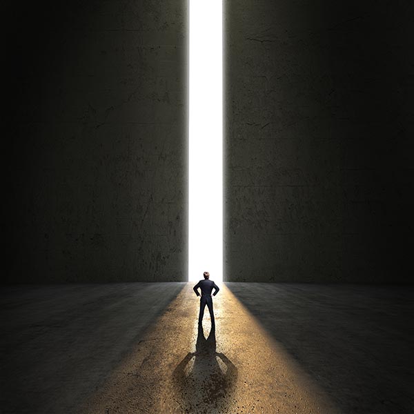 Photo of a man standing before an extremely large door that is opening.